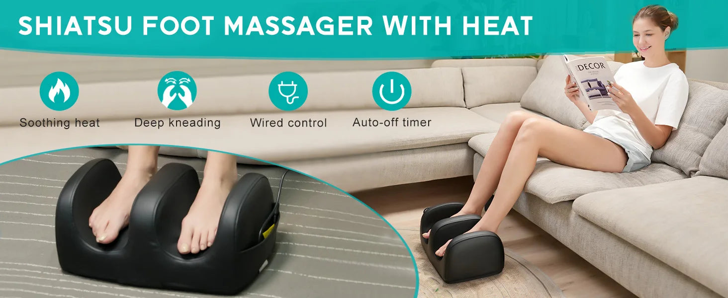 Masgre Electric Foot Massager Machine with Heat Shiatsu Kneading Feet Calf Massagers for Relaxation Plantar Fasciitis Remoted